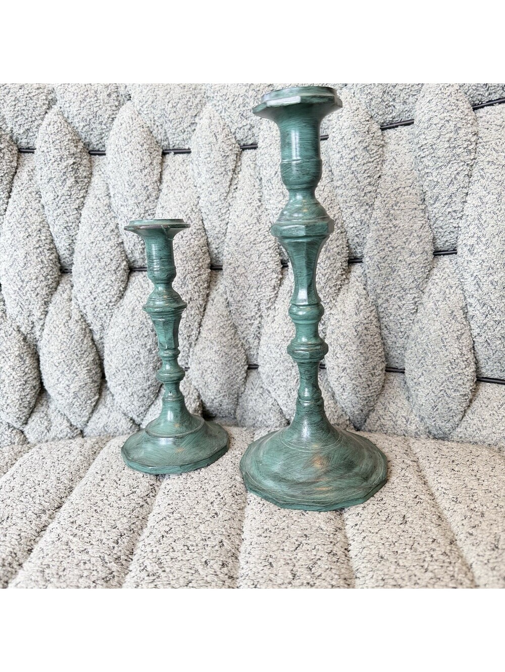 Vintage Candle Holders Copper Green Distressed Set Of 2 8.5 “ 12 In Pretty